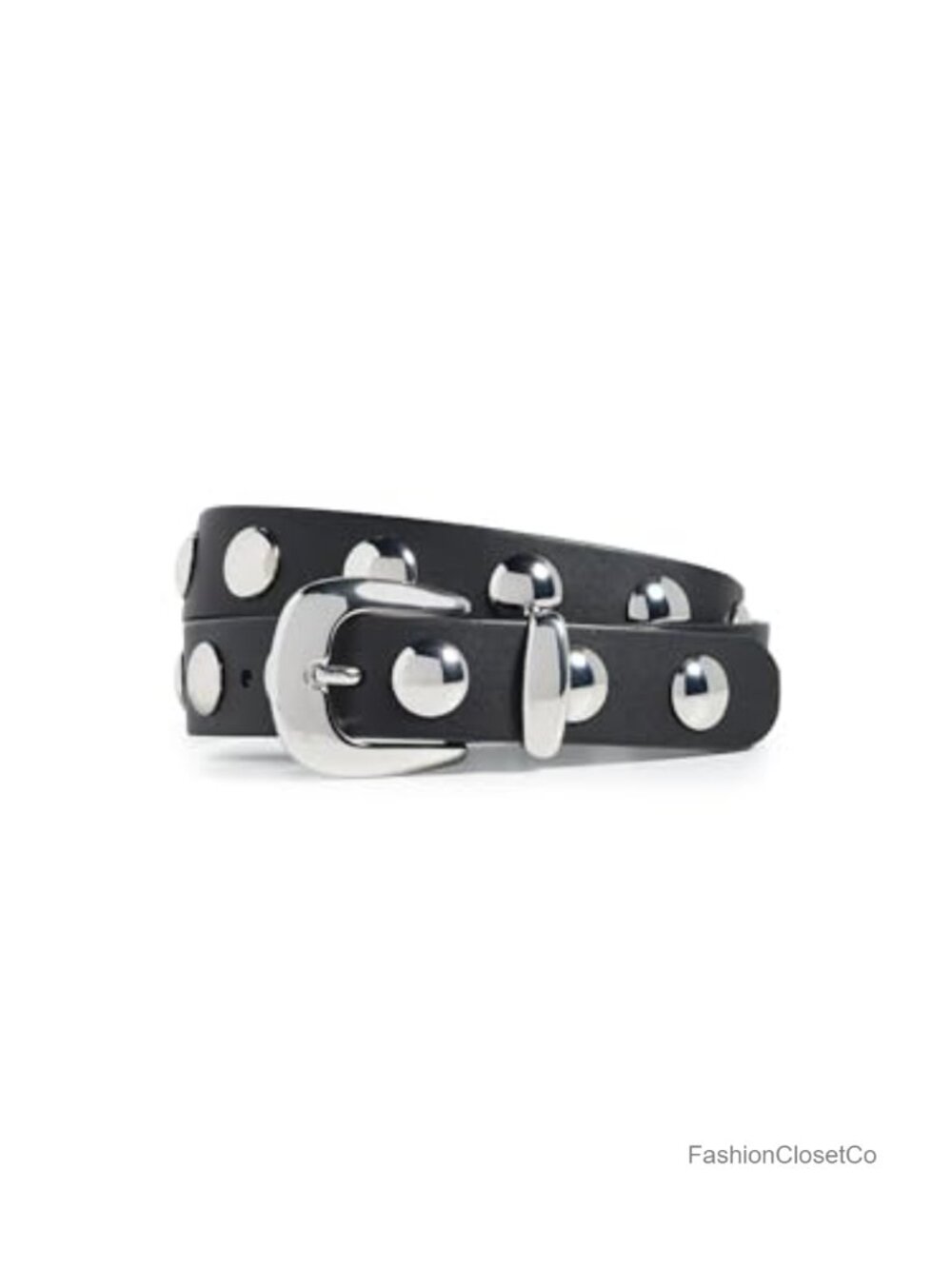 Studded Western Leather Belt with Silver-Tone Buckle